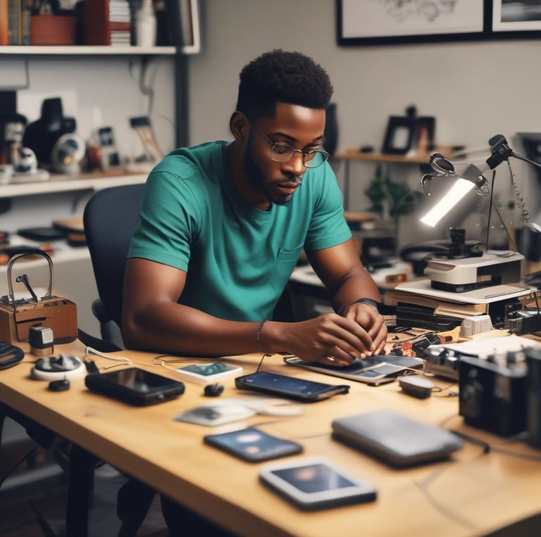 A technician repairing a smartphone at AIG Gadgets service center.