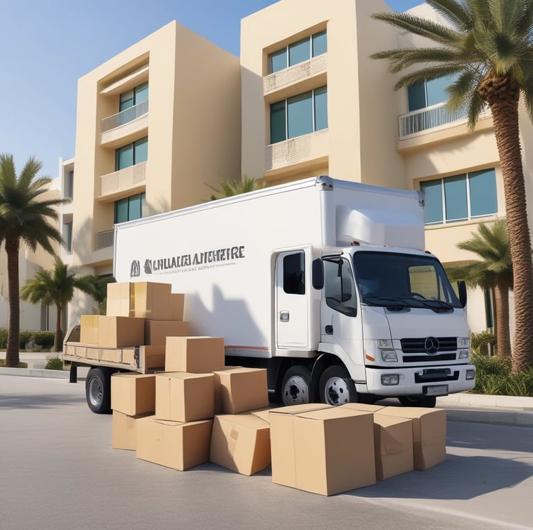 A friendly team of movers carefully packing and loading a family's belongings into a Budget Movers UAE truck in a sunny neighborhood.