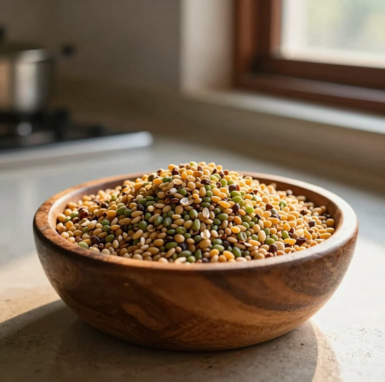 Close-up of golden-hour light shining on a wooden bowl filled with local Maharashtrian grains like jowar and bajra on a rustic kitchen counter, warm editorial photography, shallow depth of field