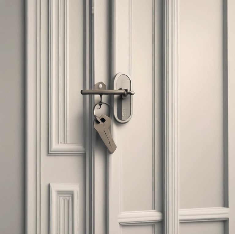 Elegant concierge handing over keys in a luxurious property setting.