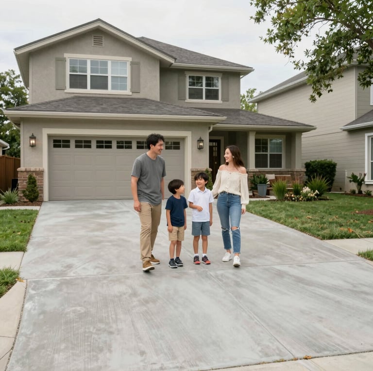 A perfectly sealed and crack-free residential concrete driveway gleaming under soft sunlight.