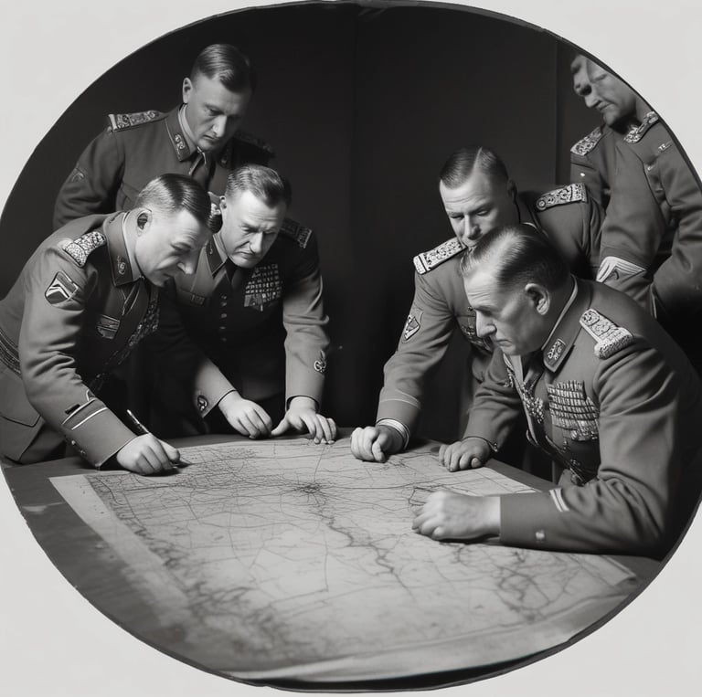 A close-up of aged parchment with sepia-toned military maps, scattered chess-like pieces, and dice casting soft shadows on a wooden table.