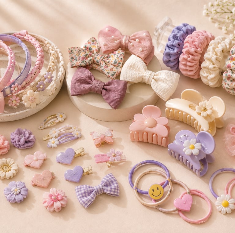 Collection of colorful kids hair accessories including pastel headbands, floral clips, bow barrettes, and scrunchies.