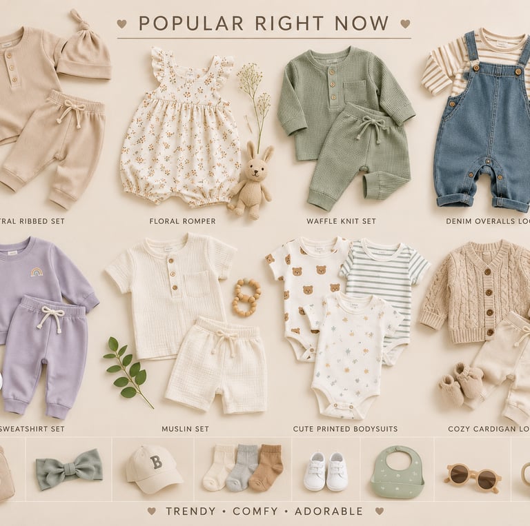A collection of popular baby clothes including a floral romper, denim overalls, and ribbed knit sets.