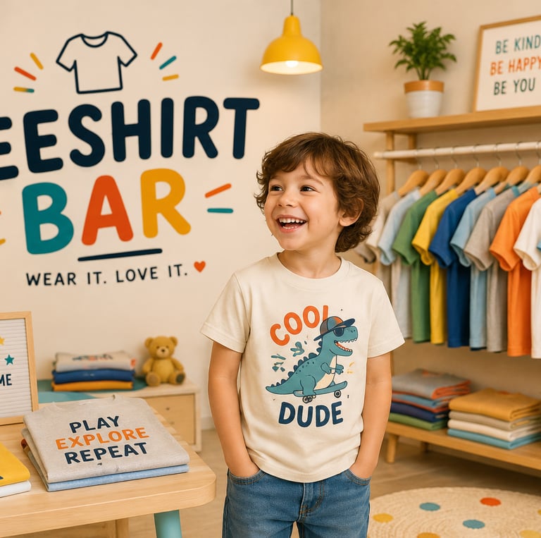 A happy young boy wearing a dinosaur graphic tee in a colorful kids clothing store called Teeshirt Bar.