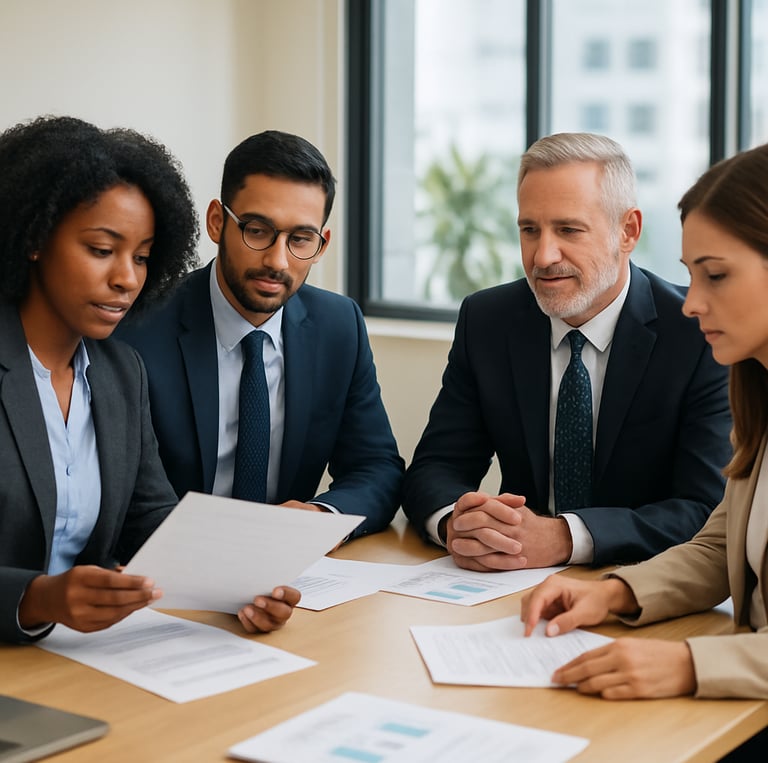 A professional notary in navy blue attire carefully reviewing documents at a sleek, minimalist desk with gold-accented office decor.