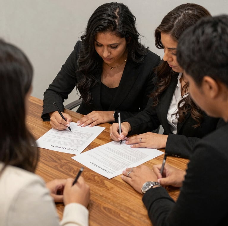 A friendly mobile notary professionally assisting a client with loan documents in a cozy home setting.