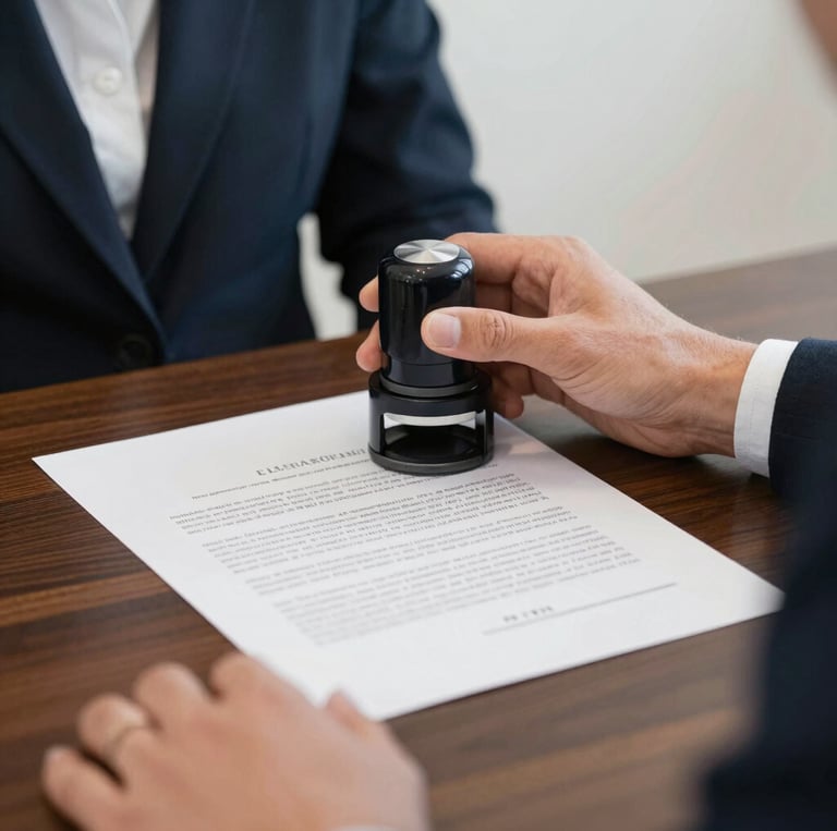 A professional notary in navy blue attire carefully reviewing documents at a sleek, minimalist desk with gold-accented office decor.