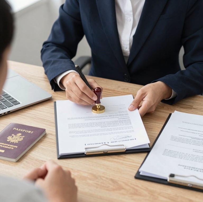 A professional notary in navy blue attire carefully reviewing documents at a sleek, minimalist desk with gold-accented office decor.