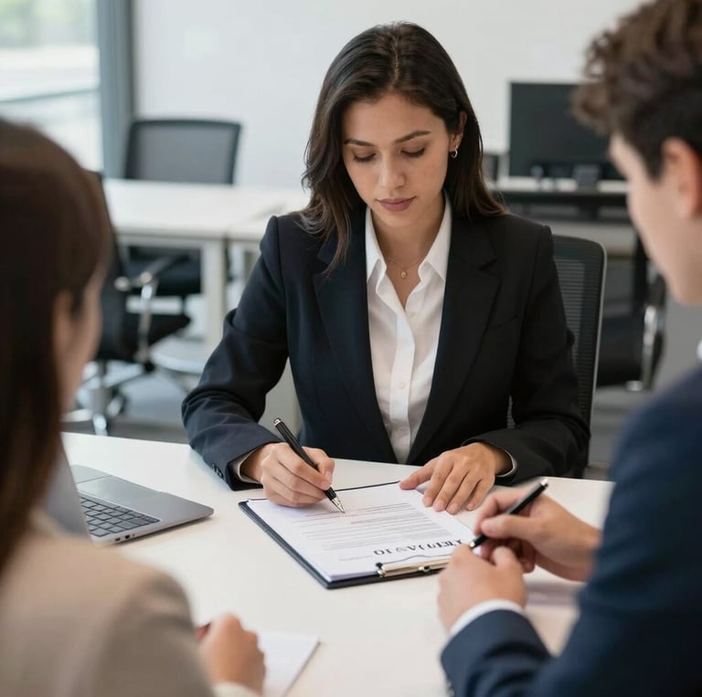 A professional notary in navy blue attire carefully reviewing documents at a sleek, minimalist desk with gold-accented office decor.