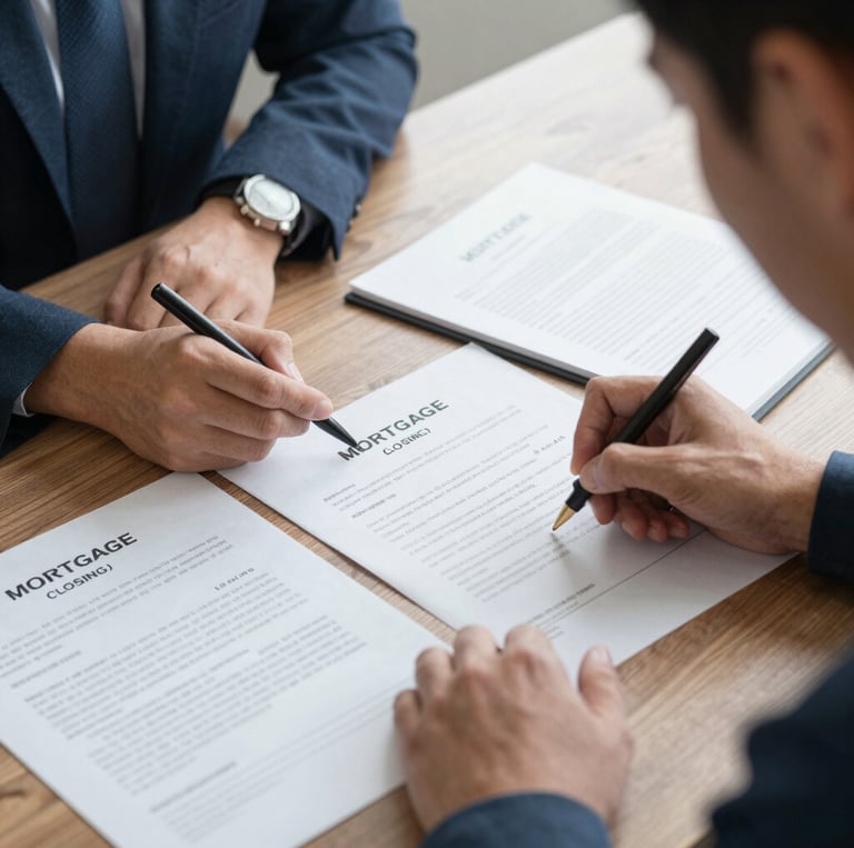 A professional notary in navy blue attire carefully reviewing documents at a sleek, minimalist desk with gold-accented office decor.