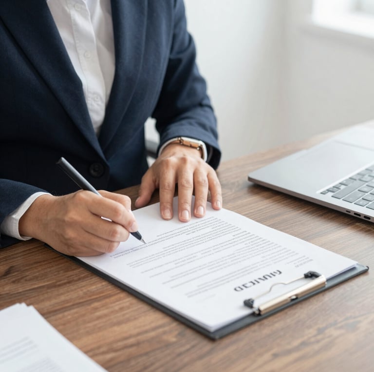 A professional notary in navy blue attire carefully reviewing documents at a sleek, minimalist desk with gold-accented office decor.