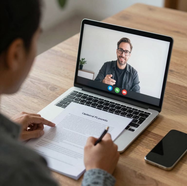 A professional notary in navy blue attire carefully reviewing documents at a sleek, minimalist desk with gold-accented office decor.