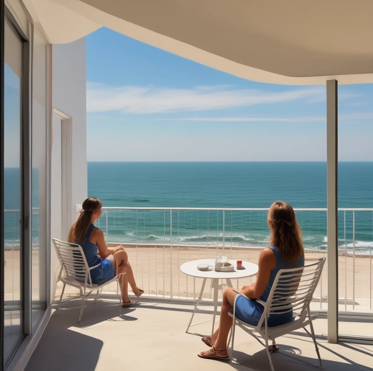 A scenic coastal view showing charming houses along the shore under a clear sky.