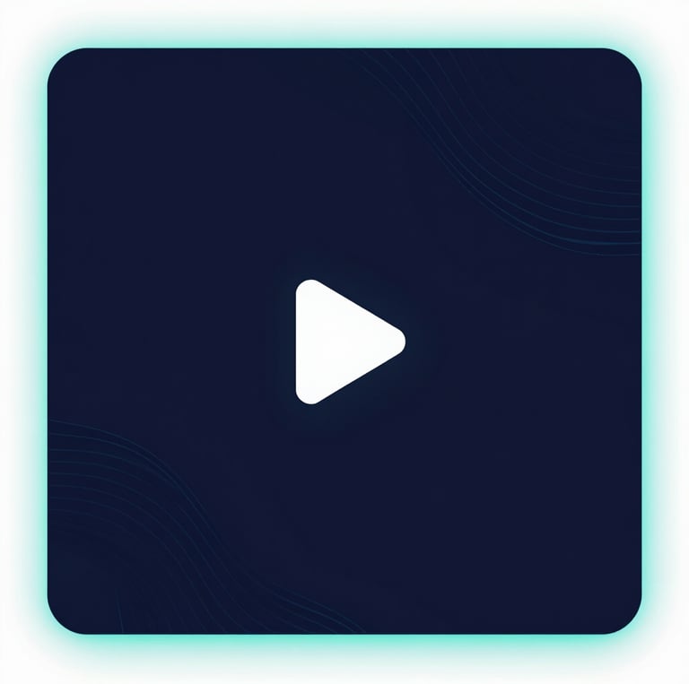 Dark navy SaaS card with cyan accents displaying a two-column layout: left side with status rows and right side with a large rounded video placeholder featuring a play icon.