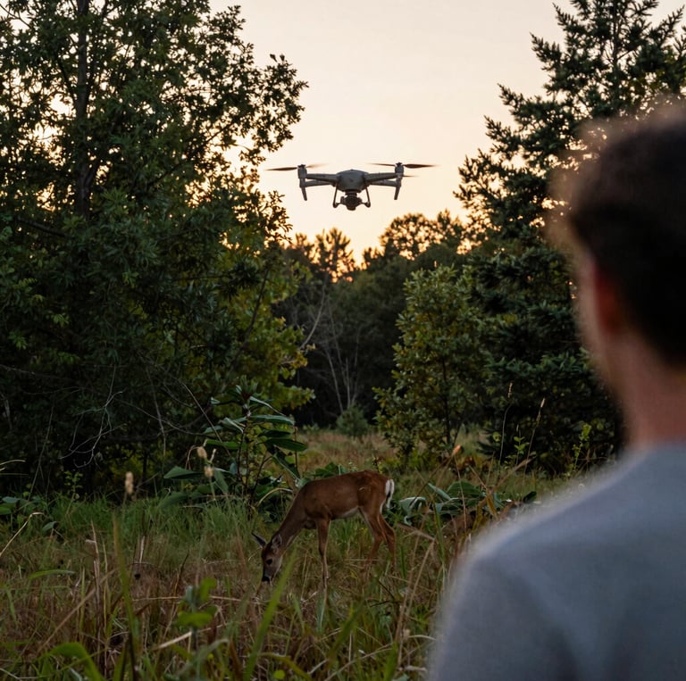 A drone flying low over a dense Wisconsin forest at sunset, with a deer quietly grazing below.