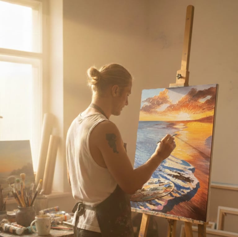 TomSi at work standing at the easel in the studio atelier