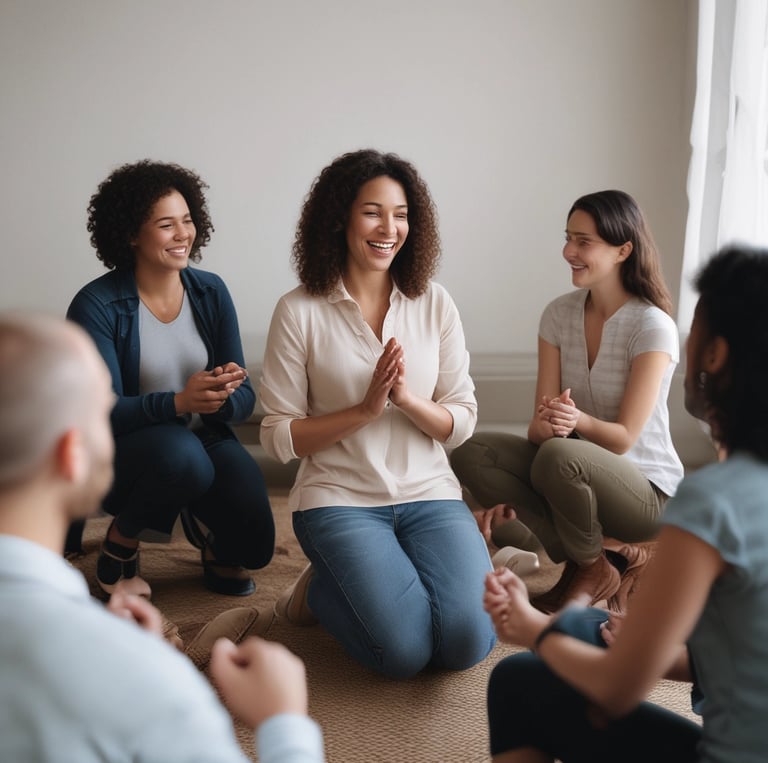 A warm, candid photo of a mother with her four boys, smiling together in a cozy home setting.