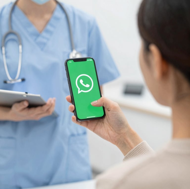 A friendly AI interface on a tablet screen assisting a doctor in a bright clinic.