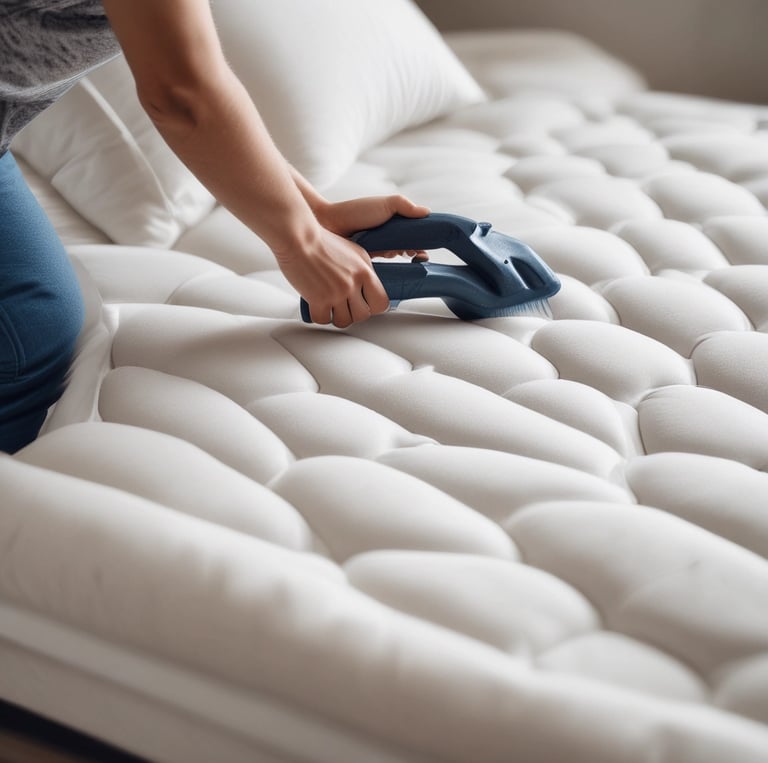 Technician carefully cleaning a mattress in a cozy living room setting.