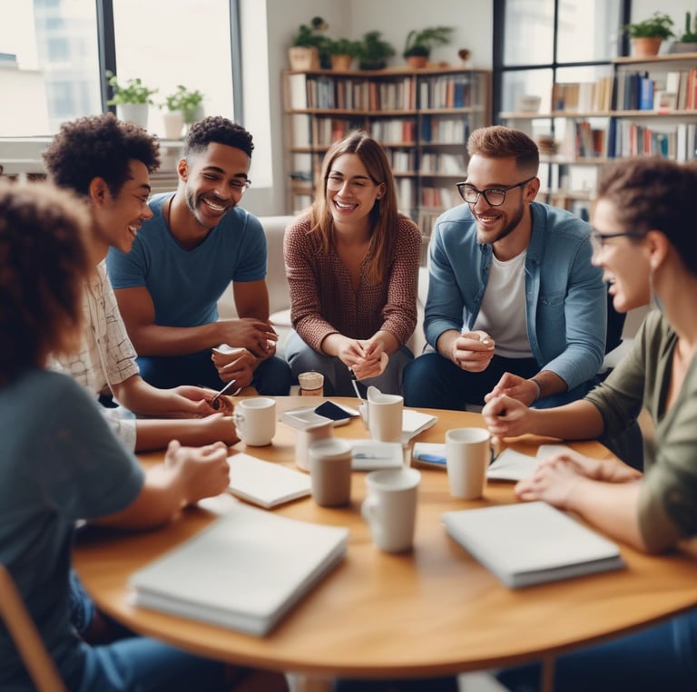 A vibrant illustration of a person joyfully speaking English with colorful speech bubbles around them.