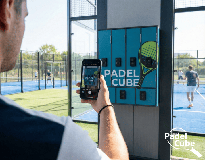 A person using a smartphone to unlock a Padel Cube smart locker at an outdoor padel court facility.