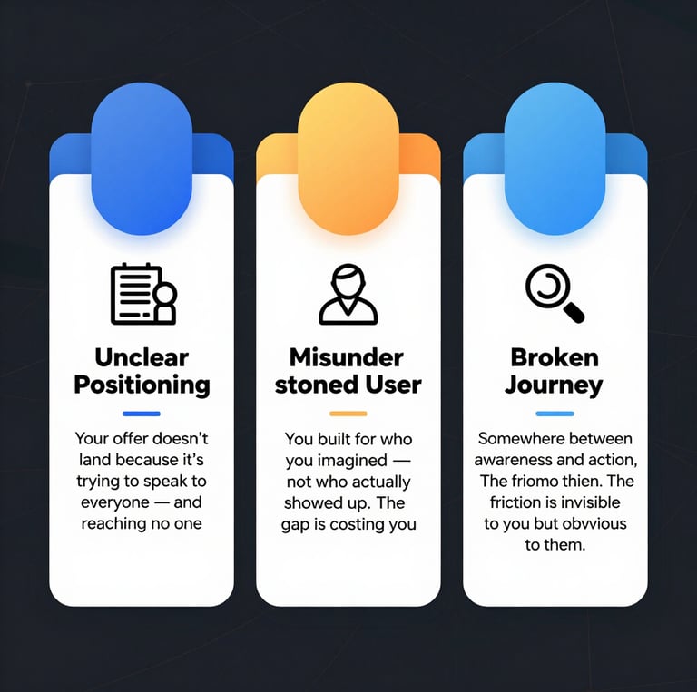 Three green cards highlighting marketing pain points: Unclear Positioning, Misunderstood User, and Broken Journey.