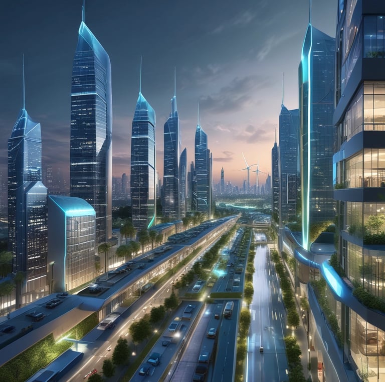 A vibrant collage of solar panels, wind turbines, and lush green landscapes representing renewable energy.