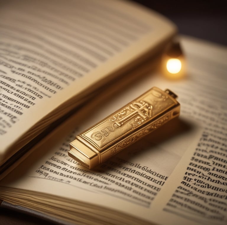 A glowing gold USB drive resting on an open Bible with deep blue fabric background