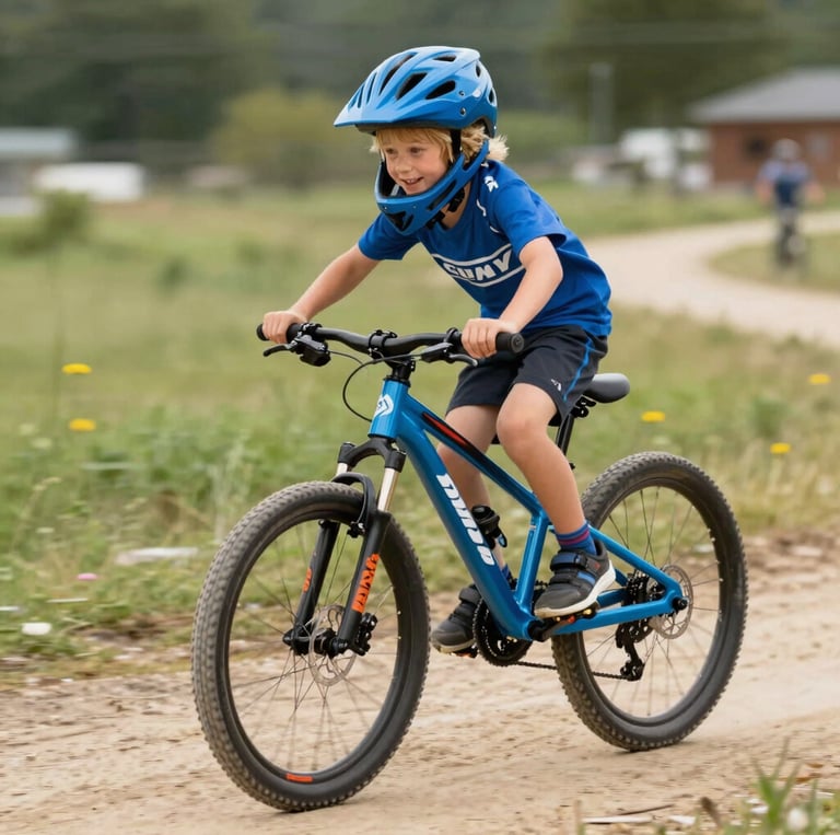 A cheerful child wearing a colorful helmet, riding a bright blue Willubike bike along a sunny park path.
