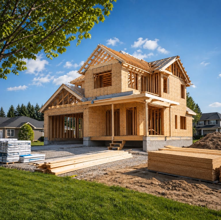 Wood frame construction of a new two-story suburban house under a clear blue sky.
