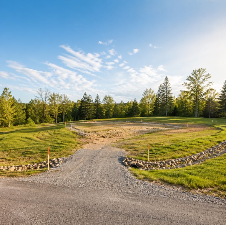 Gravel driveway leading to a cleared land construction site for a new home foundation.