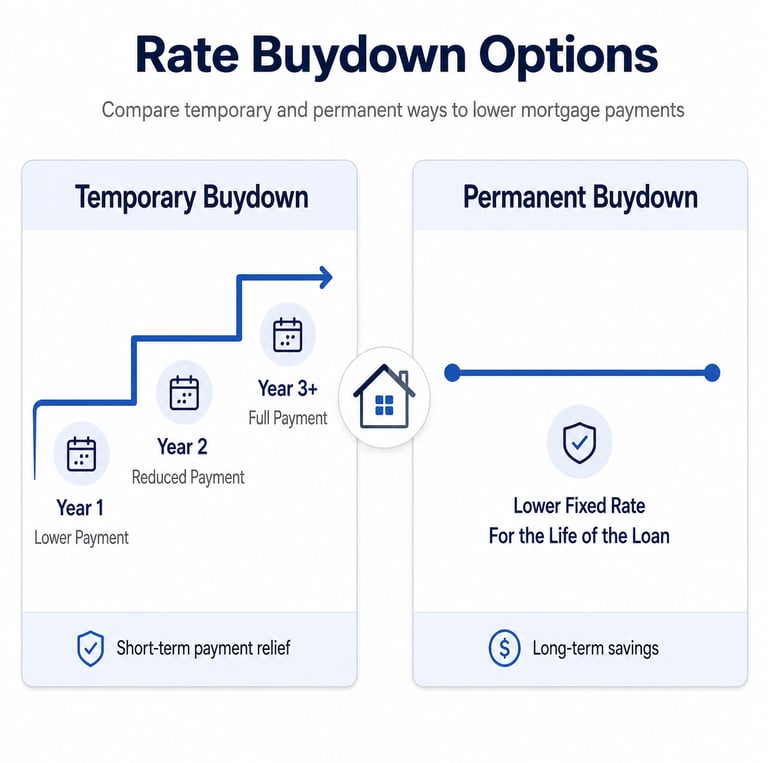 Infographic comparing temporary and permanent mortgage rate buydown options for lower monthly payments.