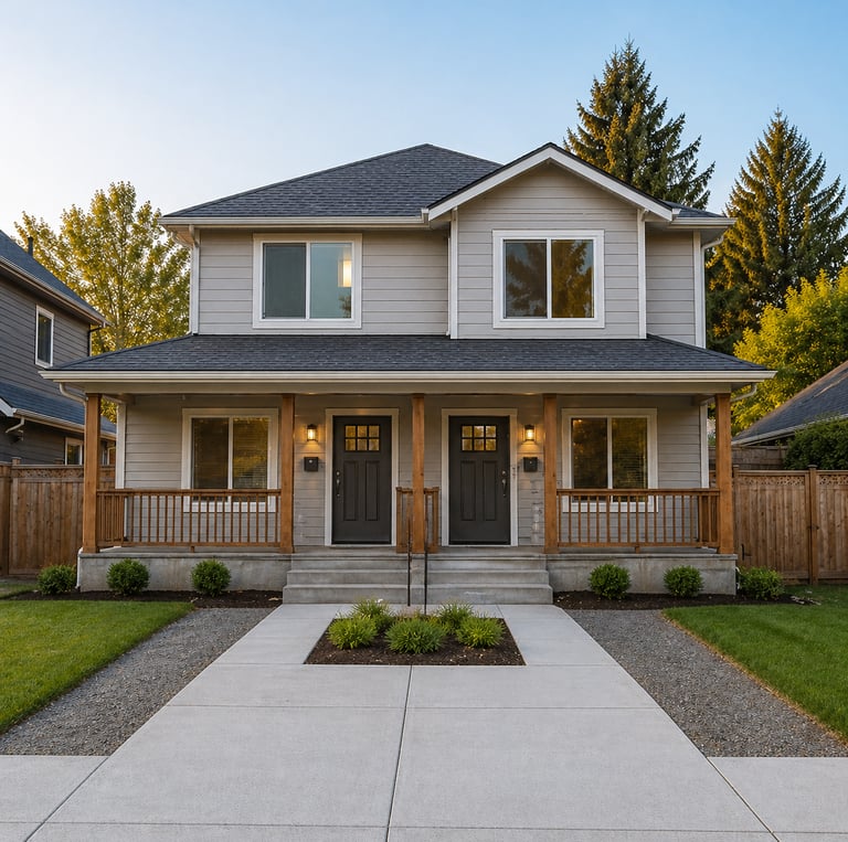 Modern two-story duplex house with gray siding, wooden porch columns, and a concrete walkway.