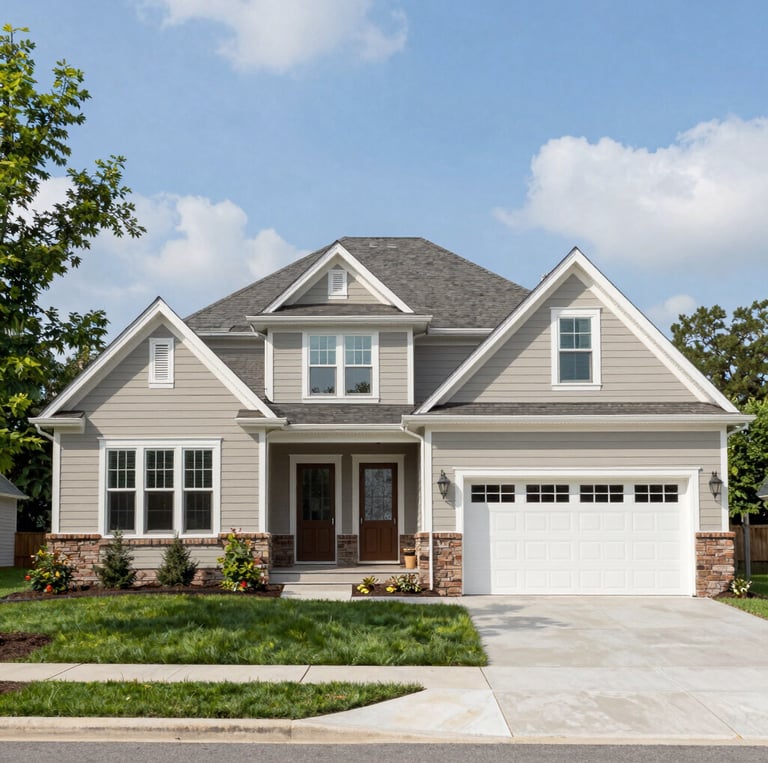 A modern tan craftsman-style home featuring stone accents, a white garage door, and a green lawn.