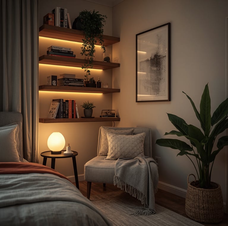Cozy bedroom corner with hanging plants, floating shelves, warm LED lights, and comfortable armchair