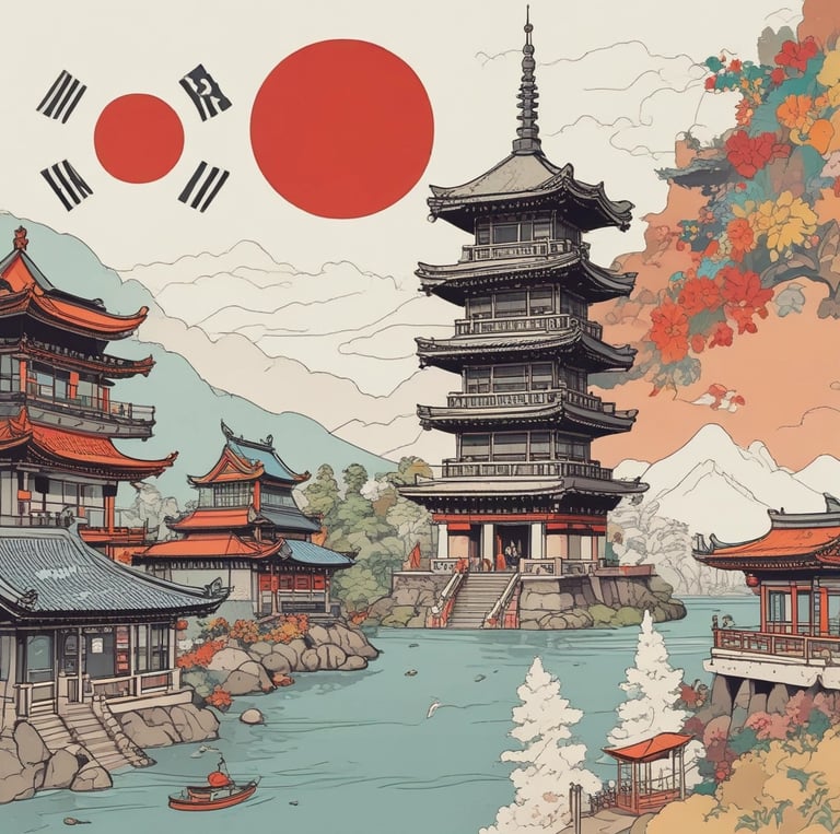 A cozy workspace with Japanese and Korean products neatly arranged, showing a friendly online store vibe.