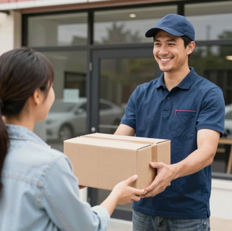 A friendly delivery driver handing over a box of cleaning supplies to a smiling local business owner in Fort Wayne.