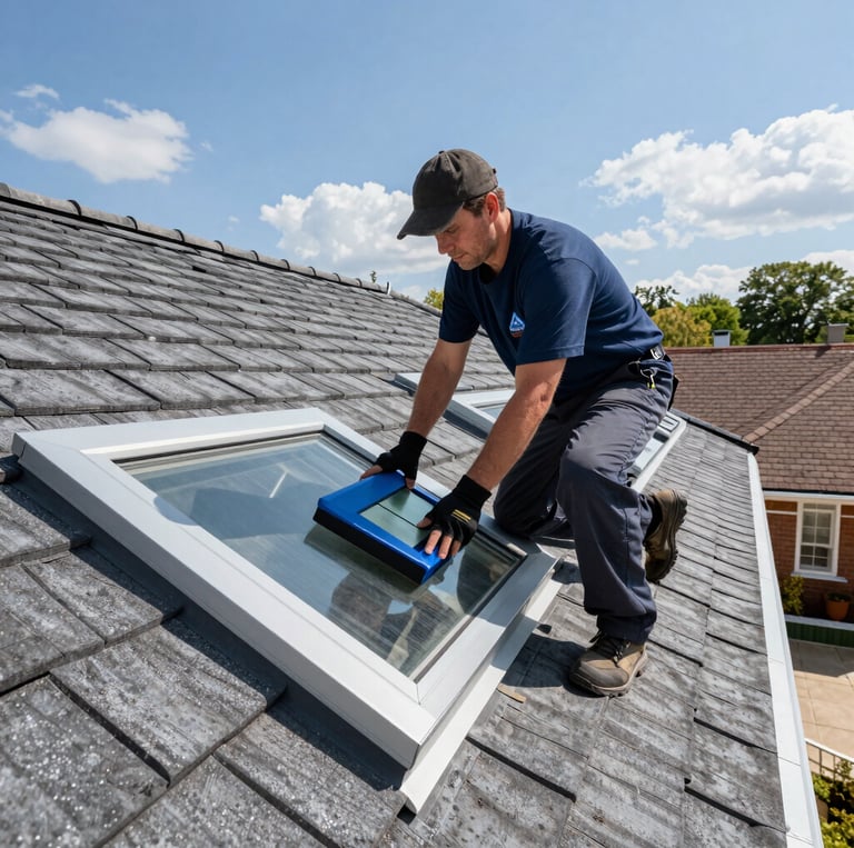 A skilled roofer carefully repairing a residential roof under a bright blue sky.