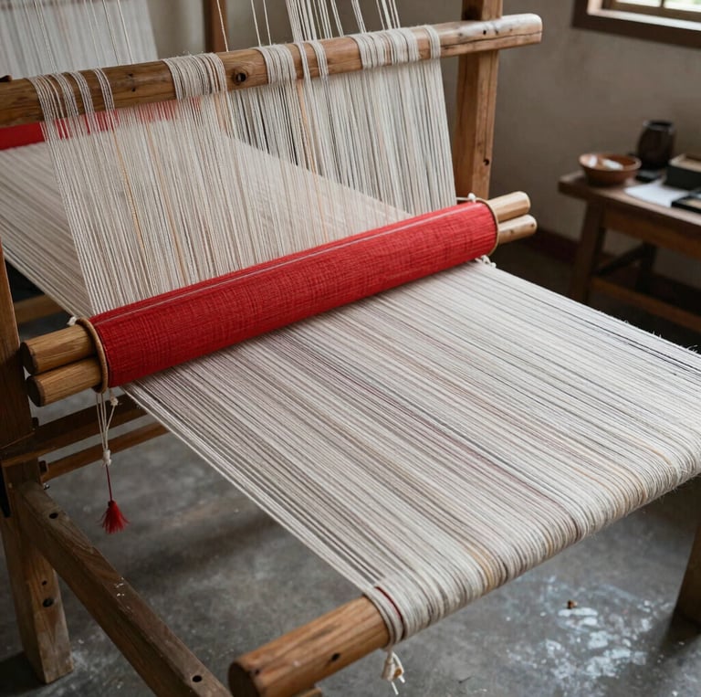 Artisan hand-weaving vibrant traditional fabrics in a sunlit rural workshop.