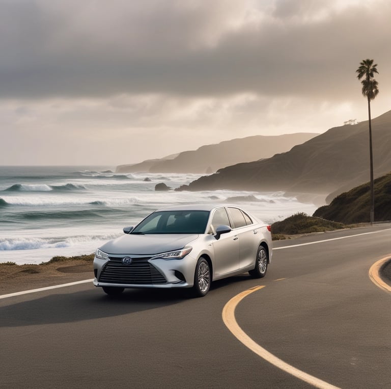 A silver Toyota driving on the pacific coast highway
