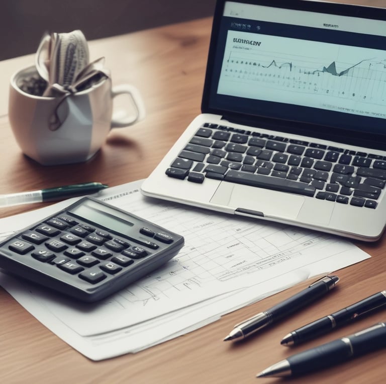 A confident professional advising a small business owner with financial documents and a calculator in a modern office setting.