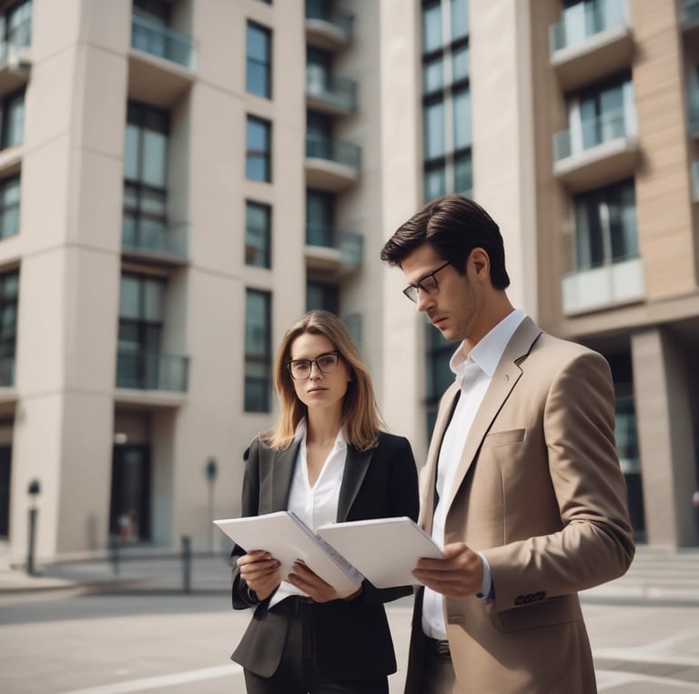A professional team inspecting a residential building site, discussing investment opportunities.