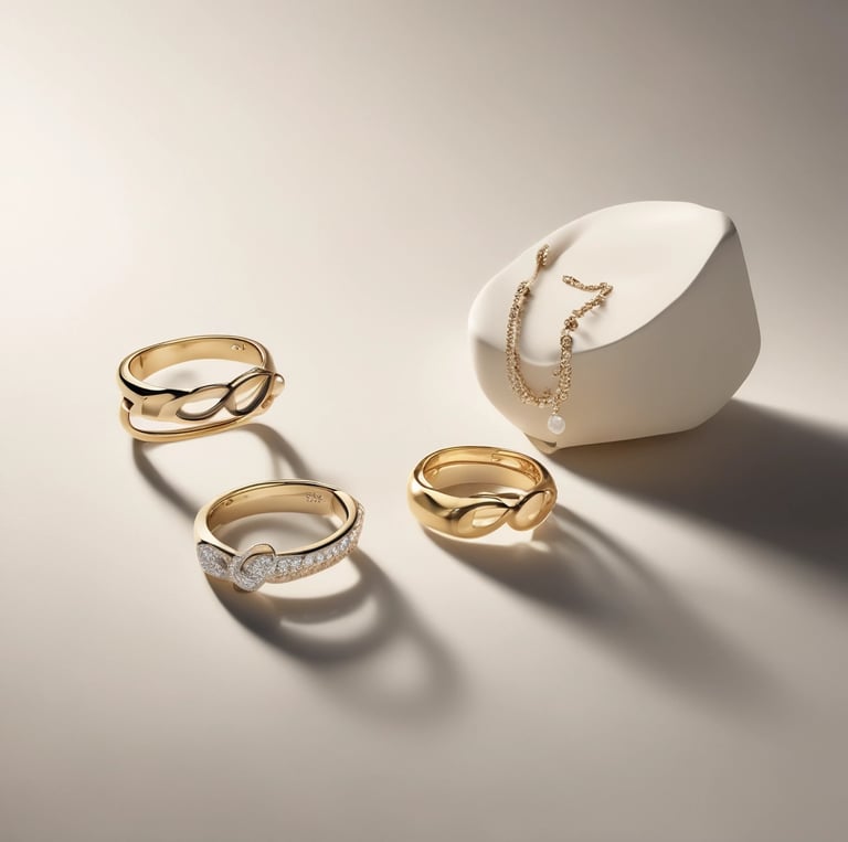 Close-up of delicate gold necklaces resting on soft pastel fabric.