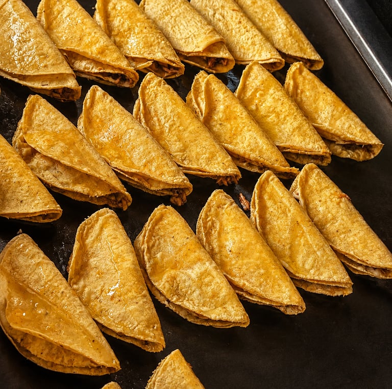 Tacos dorados de Barbacoa recién preparados en plancha caliente, con tortilla de maíz crujiente.