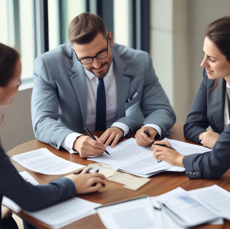 Professional team discussing financial strategies in a modern office setting.