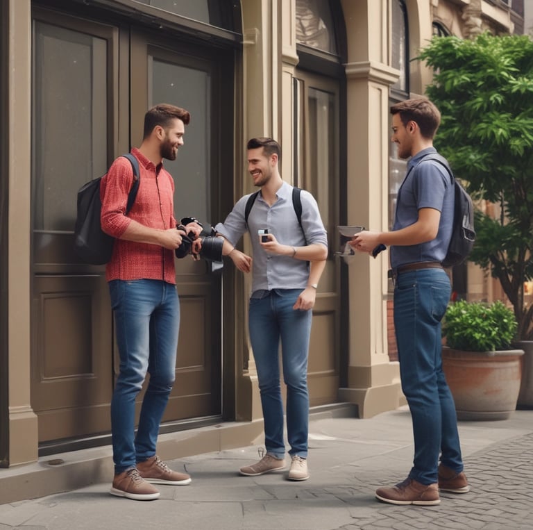 A friendly courier picking up a camera from a smiling customer’s front porch.