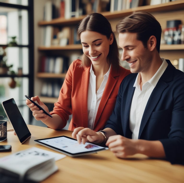 A friendly sales agent meeting with retail clients in a Northern Ireland store, showcasing products on shelves.