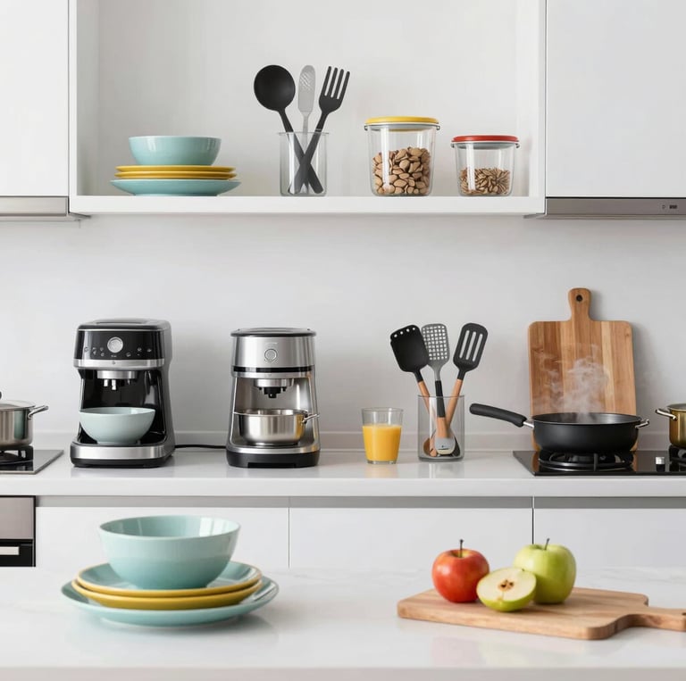 A warm, inviting kitchen display showcasing various high-quality pots and storage containers arranged neatly.