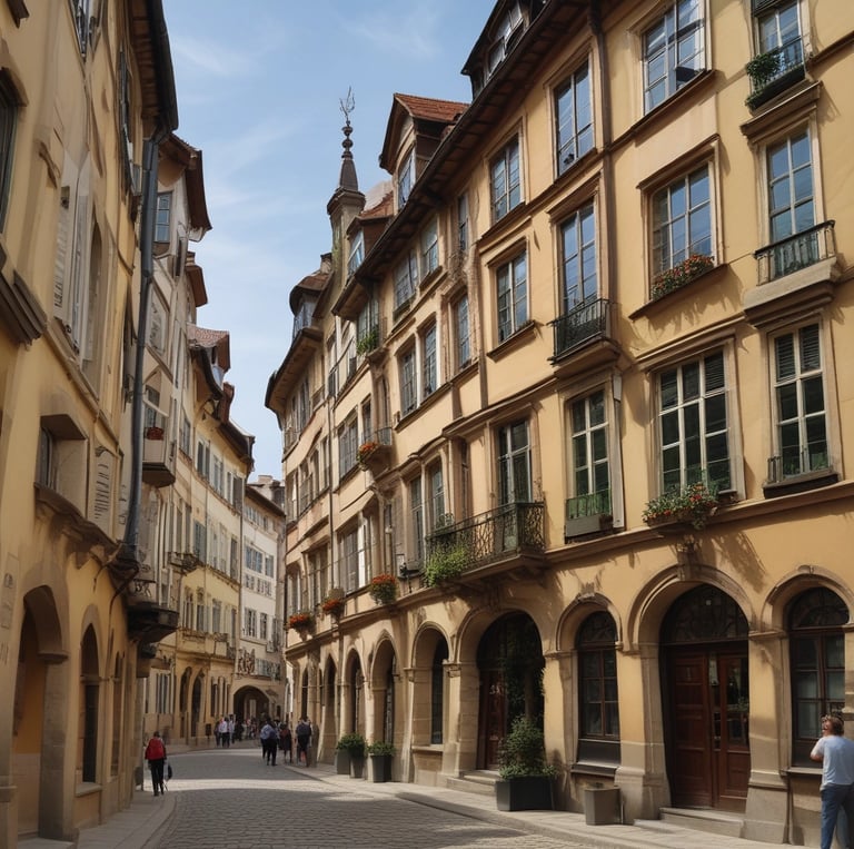 a narrow street with a few people walking down the street in strasbourg